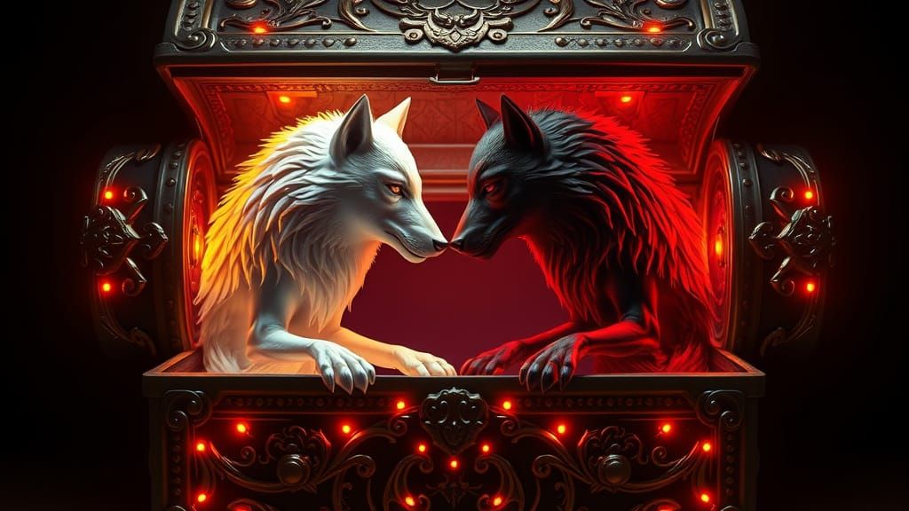 Illuminated Treasure Chest with Dueling Wolves
