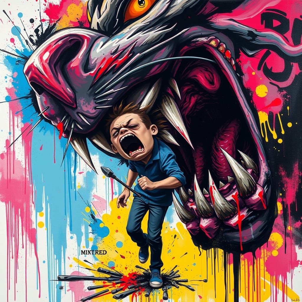 Fear Beast Chases Man in Vibrant Graffiti Art