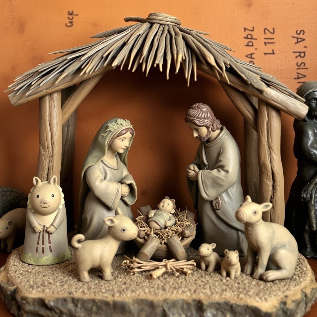 Earthen Clay Nativity Scene with Rustic Folk Art Tones and W...