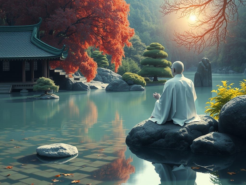 Mystic Monk Meditates in Psychedelic Japanese Garden