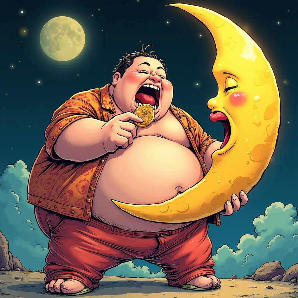 Anime Man Eats the Moon in Vibrant Style