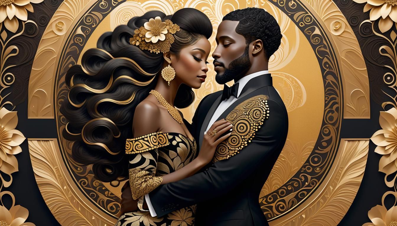 Elegant African American Couple in Klimt-Inspired Embrace