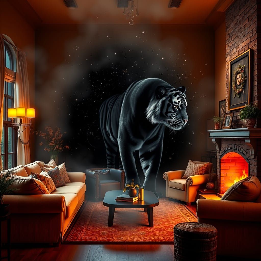 Warm and Inviting Living Room Scene with Majestic Black Tige...