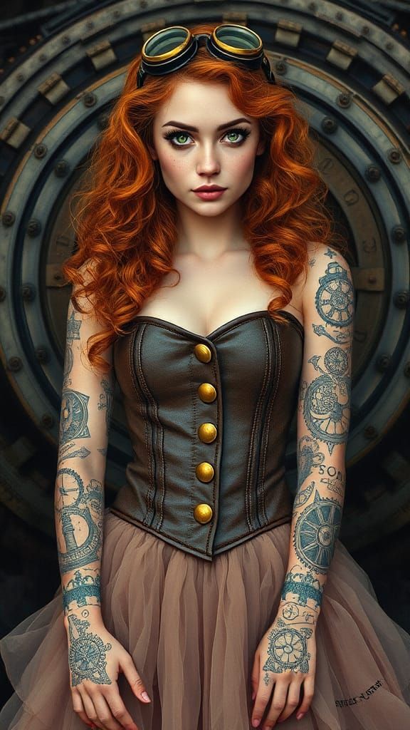 Steampunk Woman with Tattoos and Copper Hair