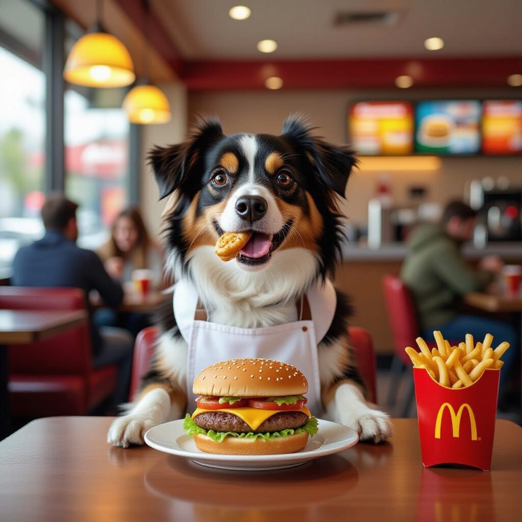 Dog Eats Hamburger in McDonald's, Digital Illustration