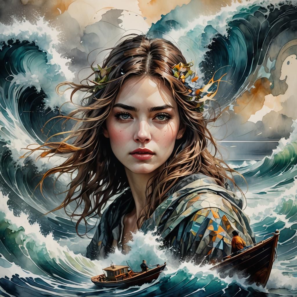 Woman, Wave, Boat, Hurricane in Watercolor Style