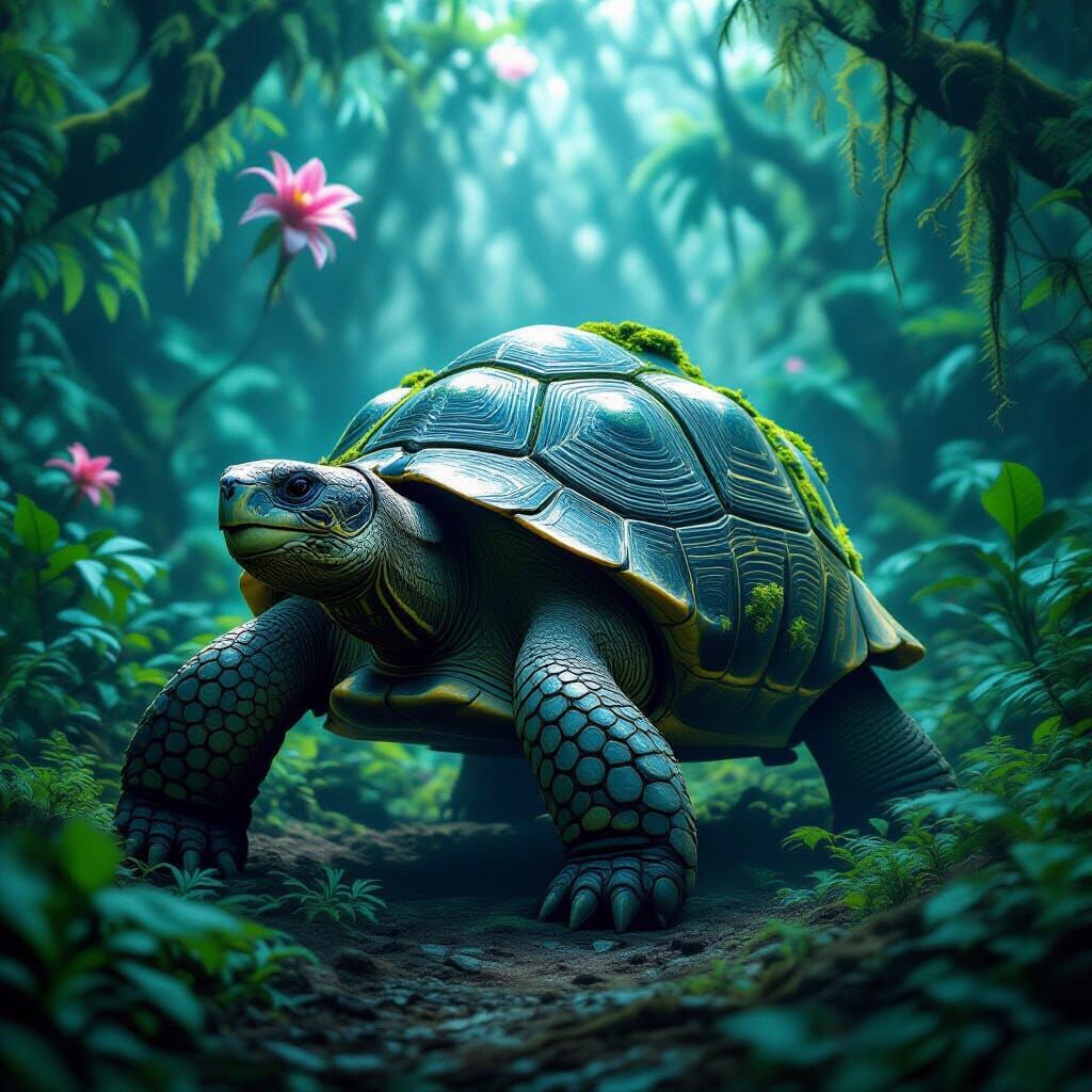 Galapagos Tortoise in Bioluminescent Alien Jungle