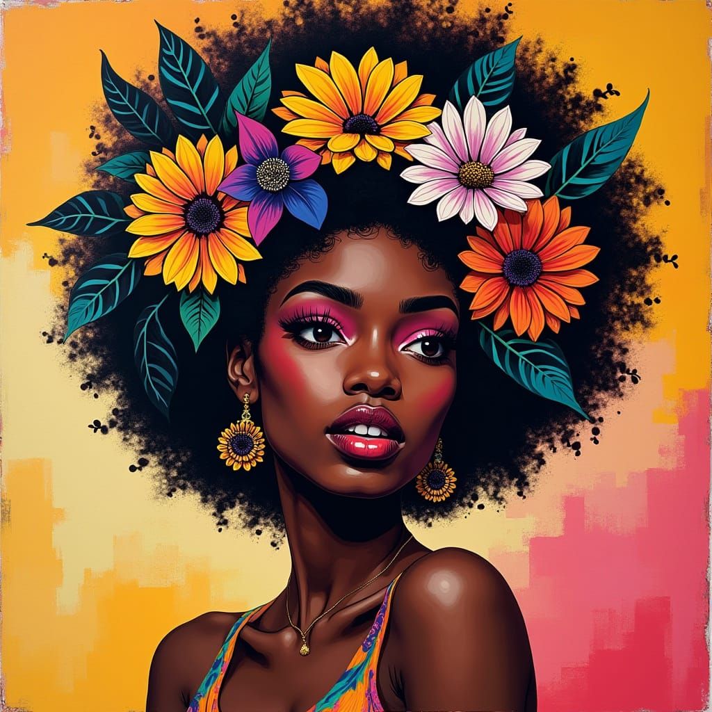 Bold Pop Art Portrait of Afro Girl with Flowers in Hair