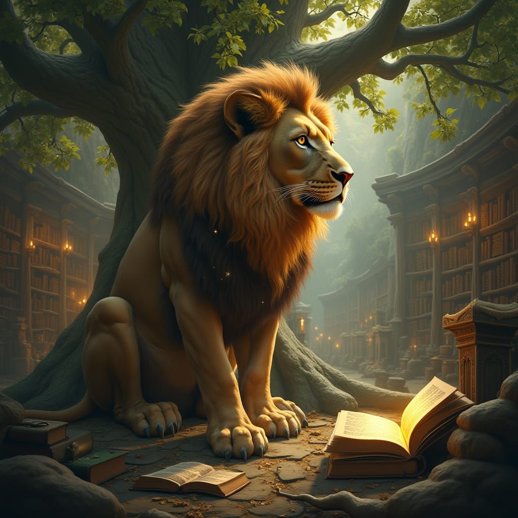 Lion with Starlight Mane in Ancient Library