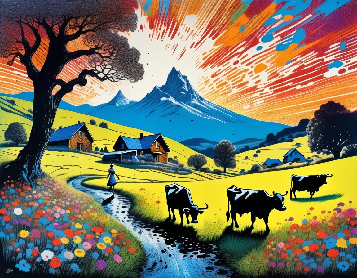 Milkmaid and Cows in Multicolor Ink Drawing Style