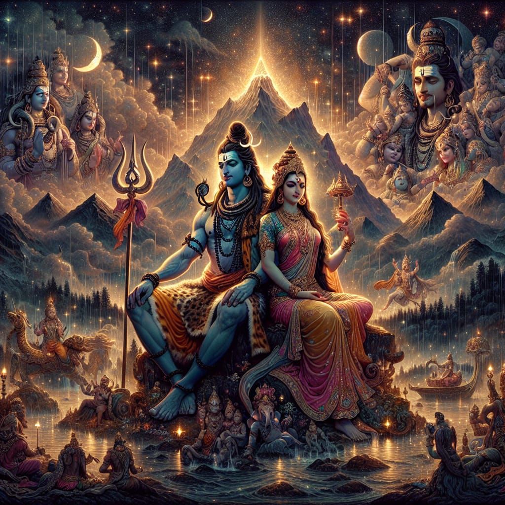 Shiva and Parvati on Mount Kailash in Dramatic Lighting