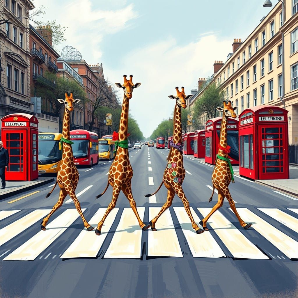 Vibrant Giraffes Strut Through Abbey Road in Whimsical Pop-A...