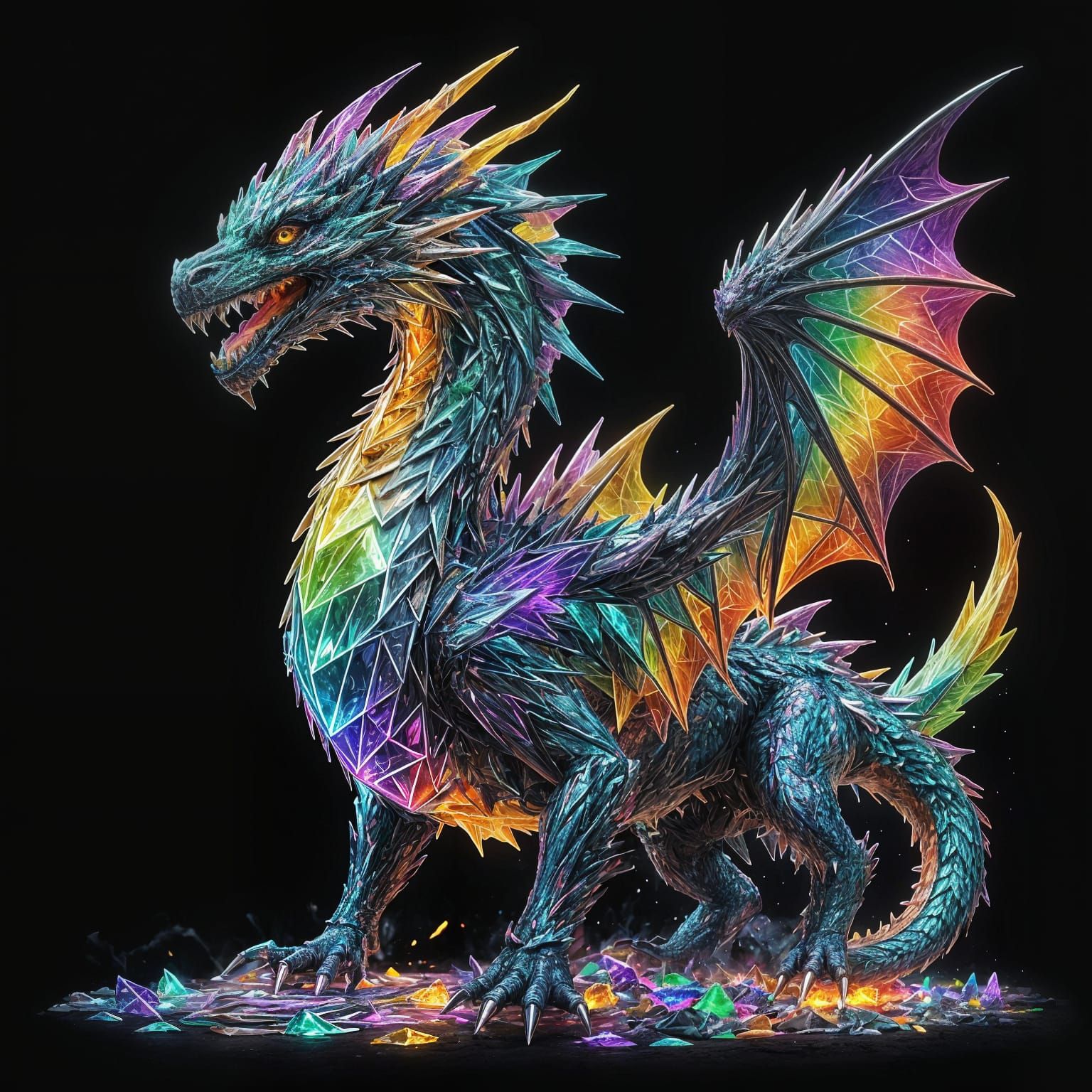 Neon Crystal Dragon with Holographic Light, Vector Art