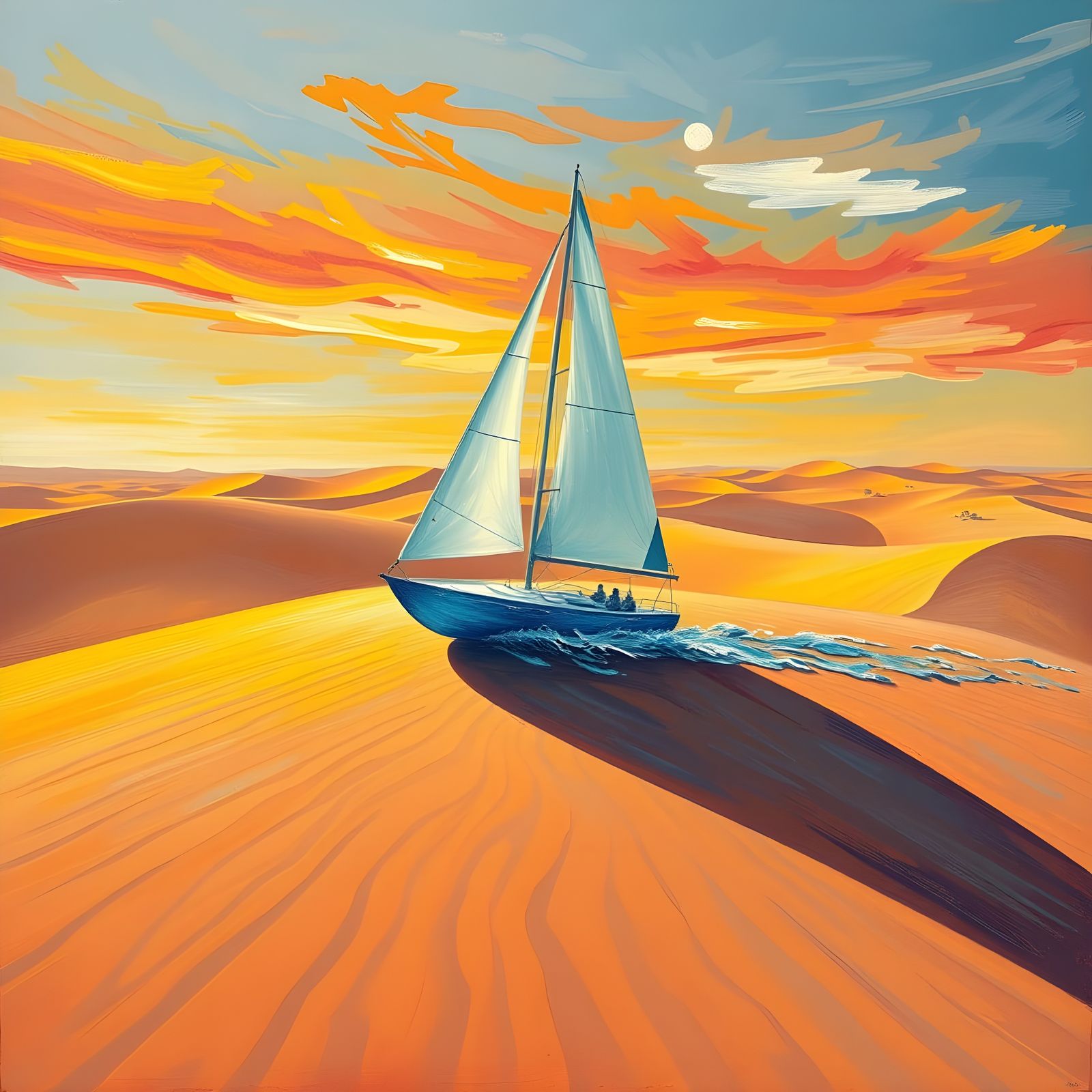 Water Sailboat Rides Desert Dunes in Neo-Impressionist Maste...