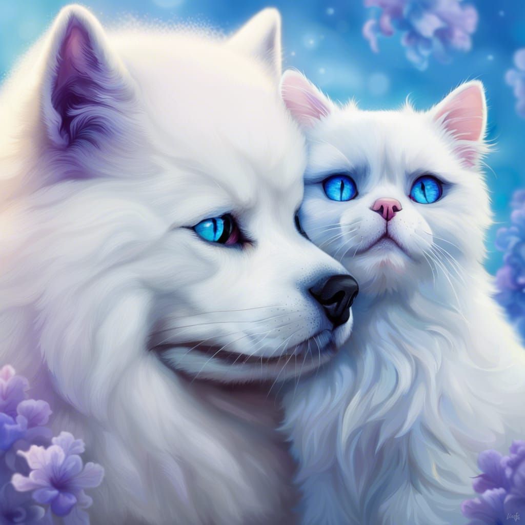 Loving Dog and Cat Gaze into Each Other's Eyes