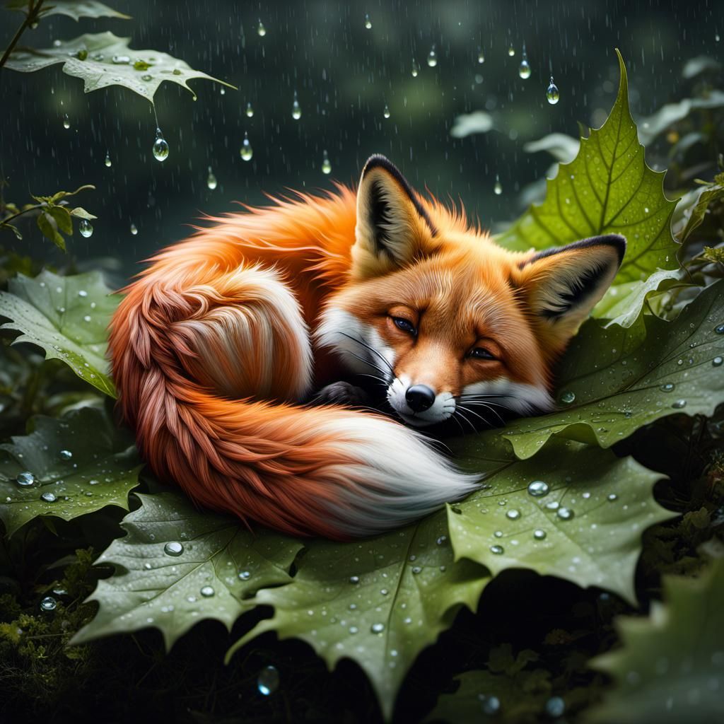 Fox Sleeping in Rain: Hyperrealistic Digital Illustration