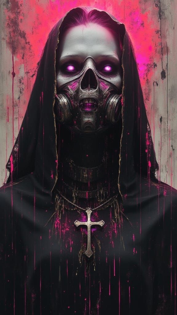 Cyberpunk Nun With Ghostly Face and Neon Accents