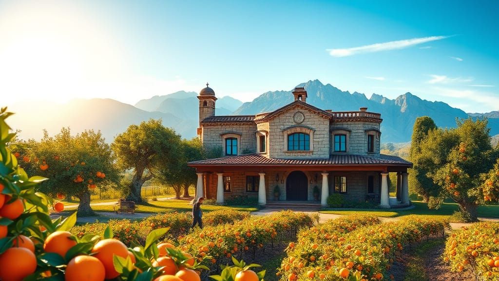 Luxury Farmhouse in Vibrant Orange Grove Landscape