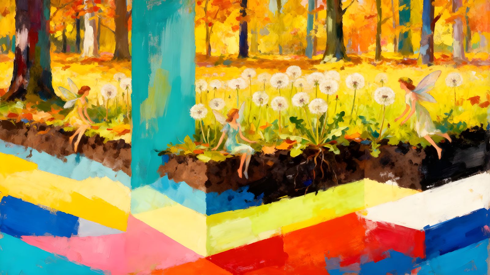 Faeries Amidst Forest Dandelions in Colorfield Style