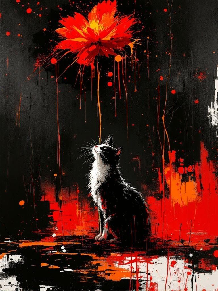 Cat in a Flower Garden: Abstract Expressionist Painting