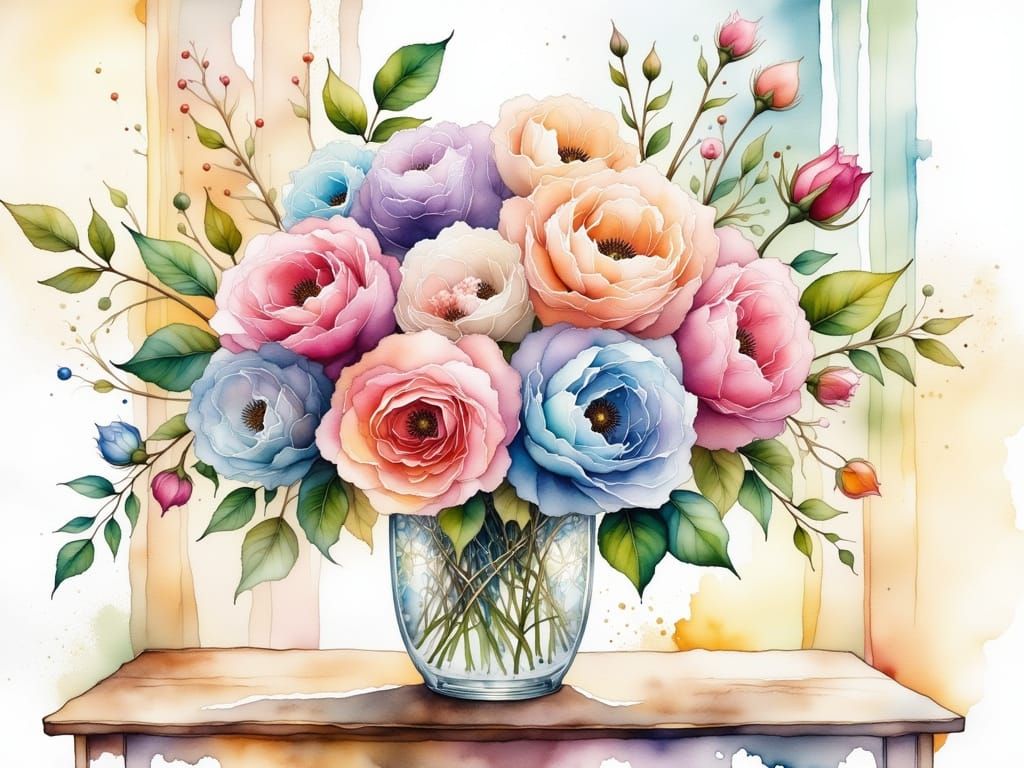 Watercolor Boho Roses in Elegant Vase