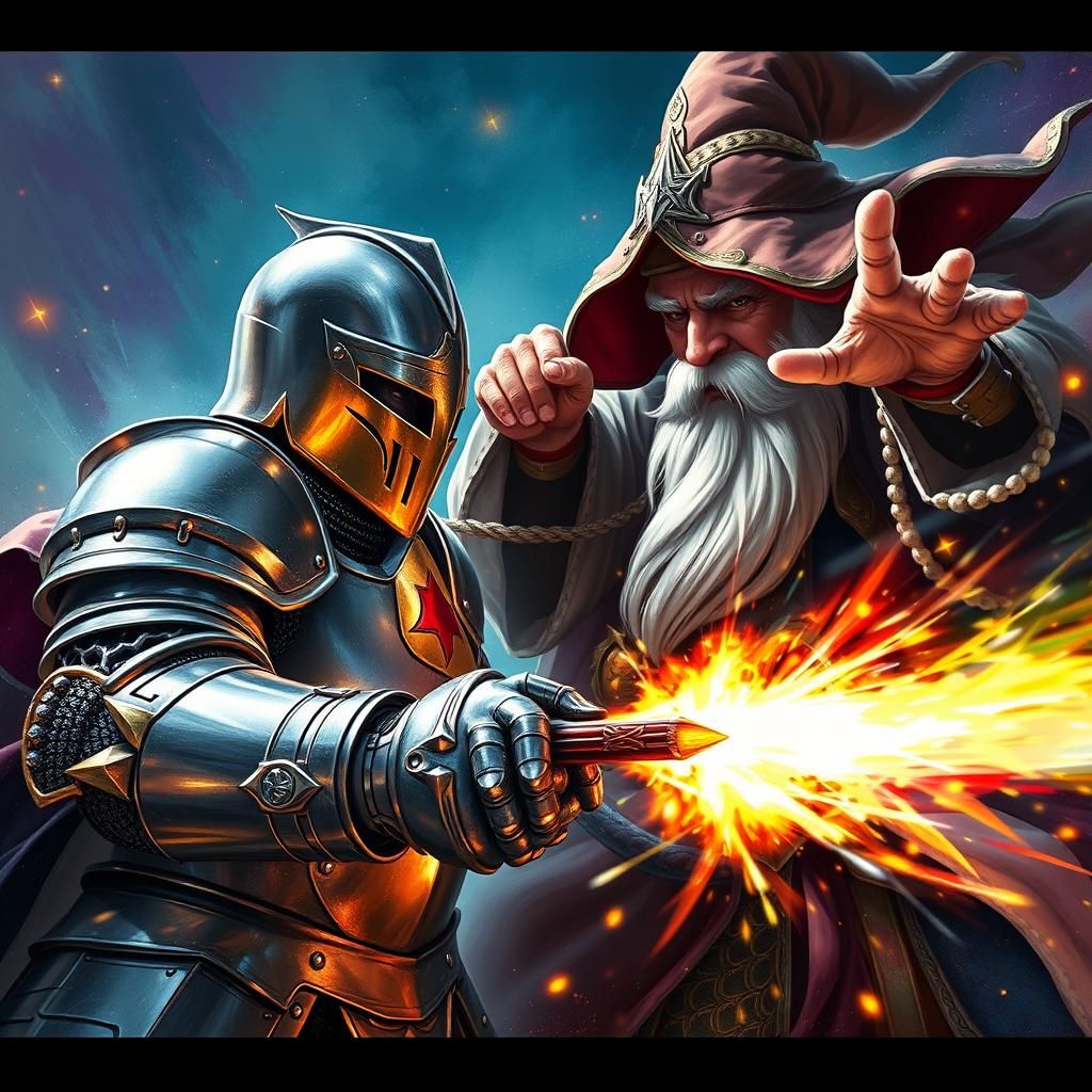 a knight in dazzling armor fights with a wizard who casts sp...