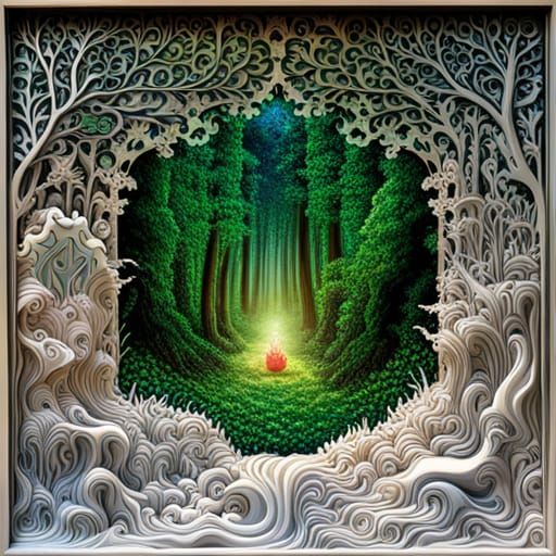 Lush Forest Through Carved Window Frame