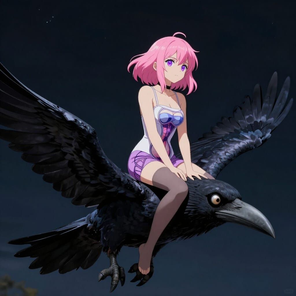 Pink Haired Woman on Giant Raven at Night