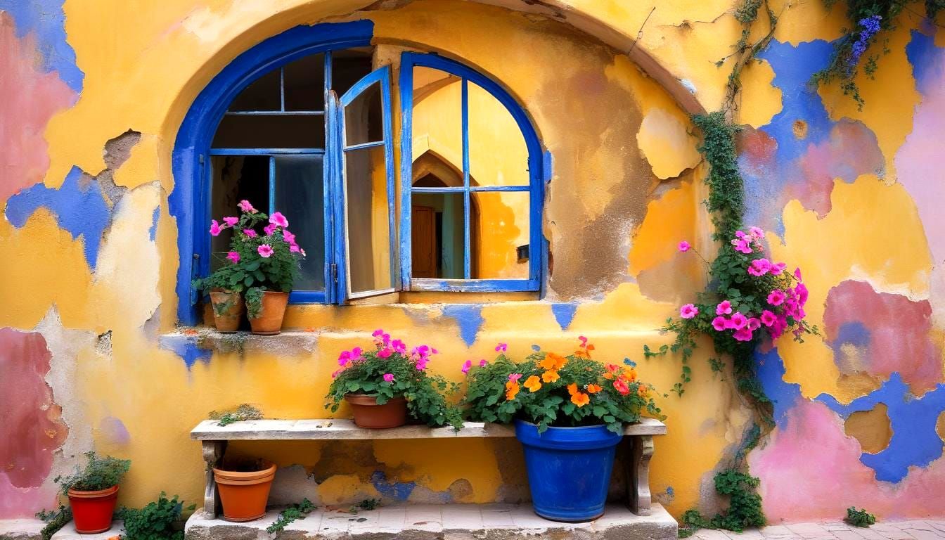 Decaying Mediterranean Window with Petunias, Masterpiece Sty...