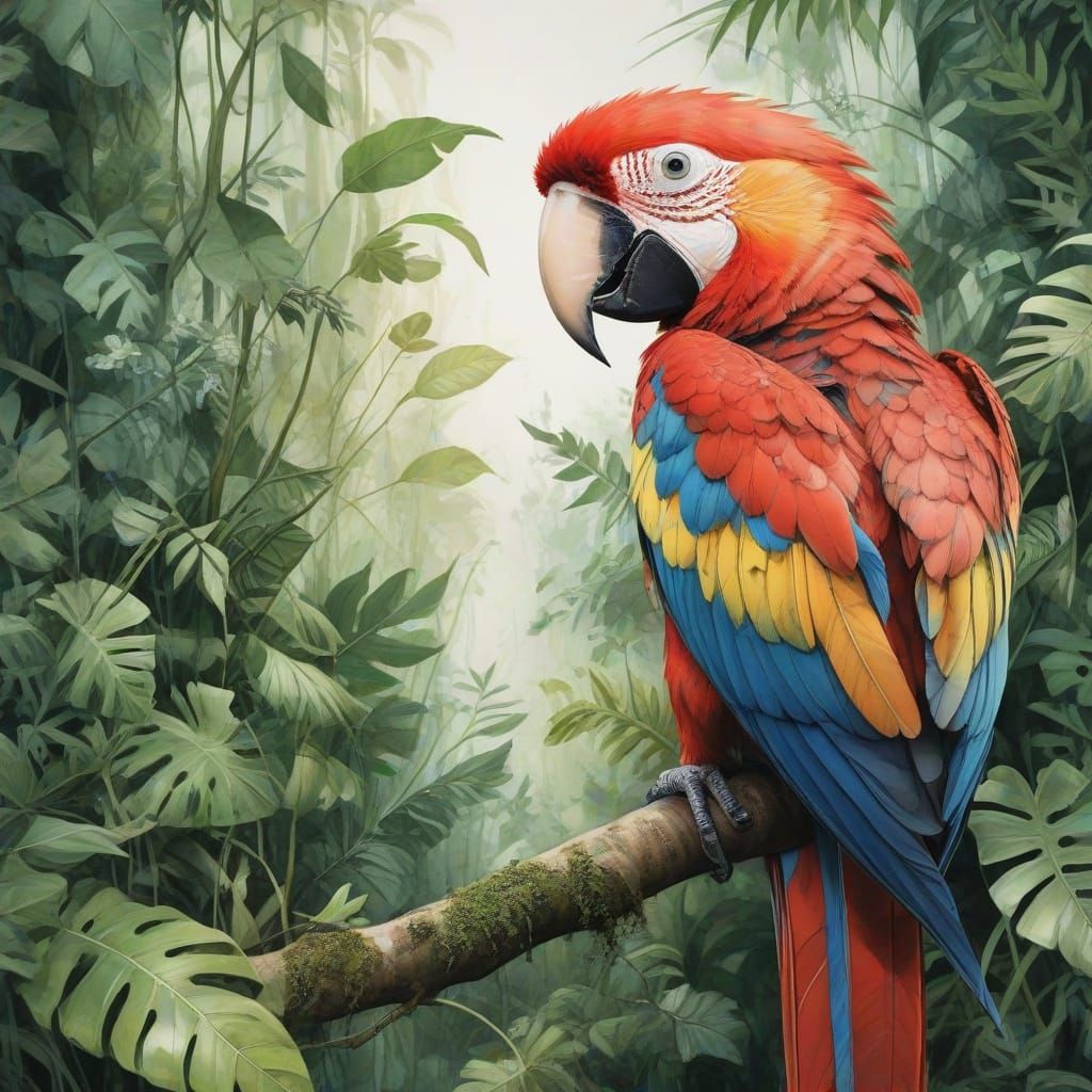 Vibrant Scarlet Macaw in Whimsical Amazonian Landscape