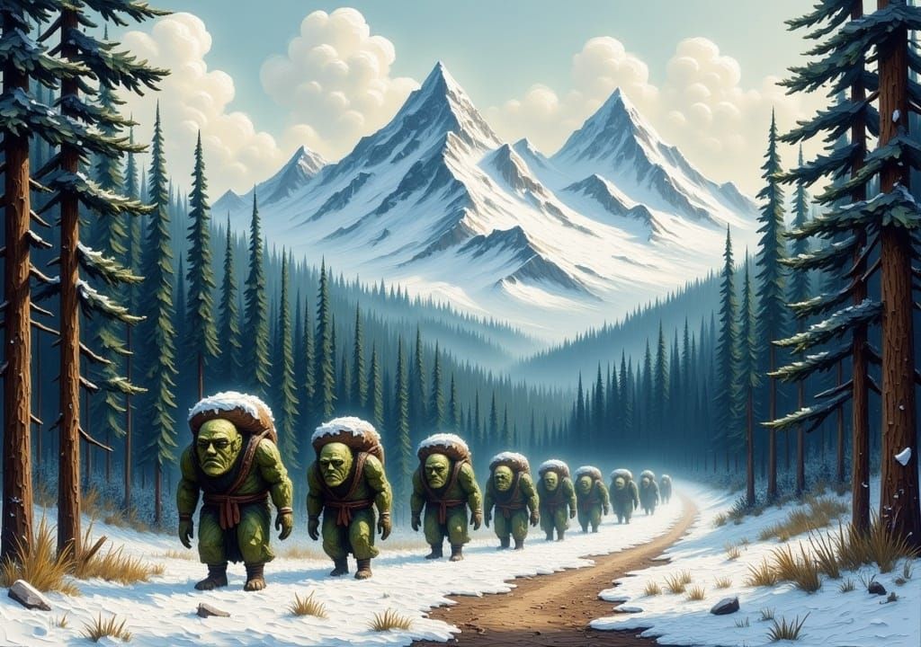 Snowy Forest Path with Trolls