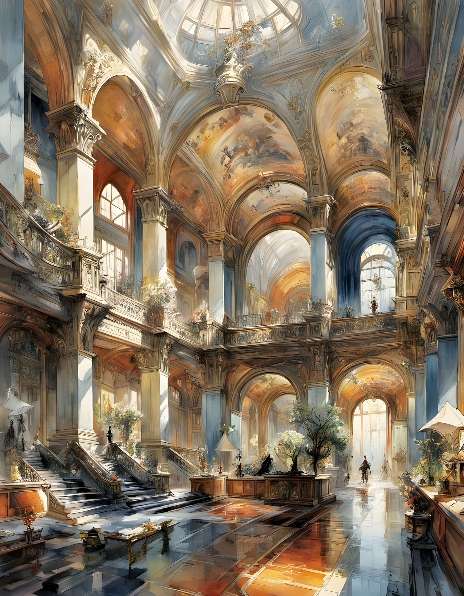 Interior view of great hall in a French palace,