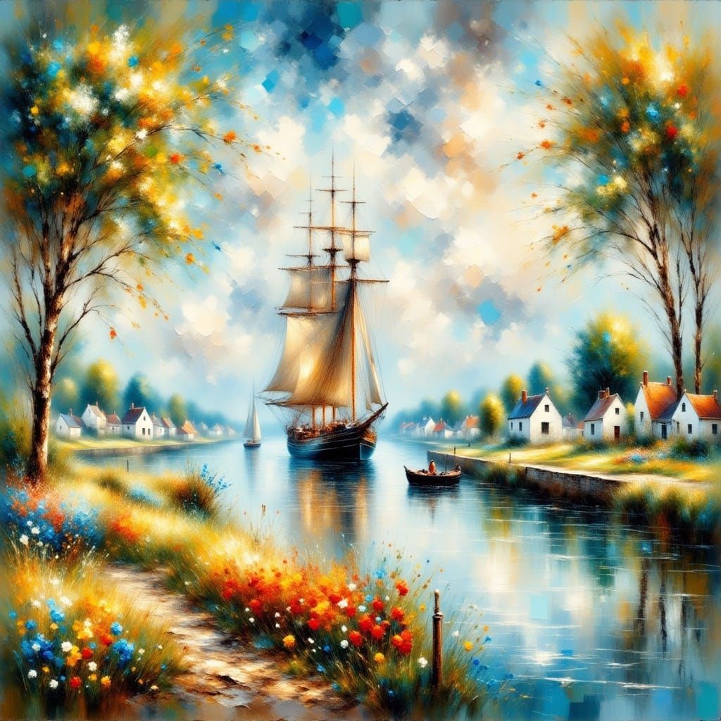 Seascape View from Greek Town in Impressionist Style