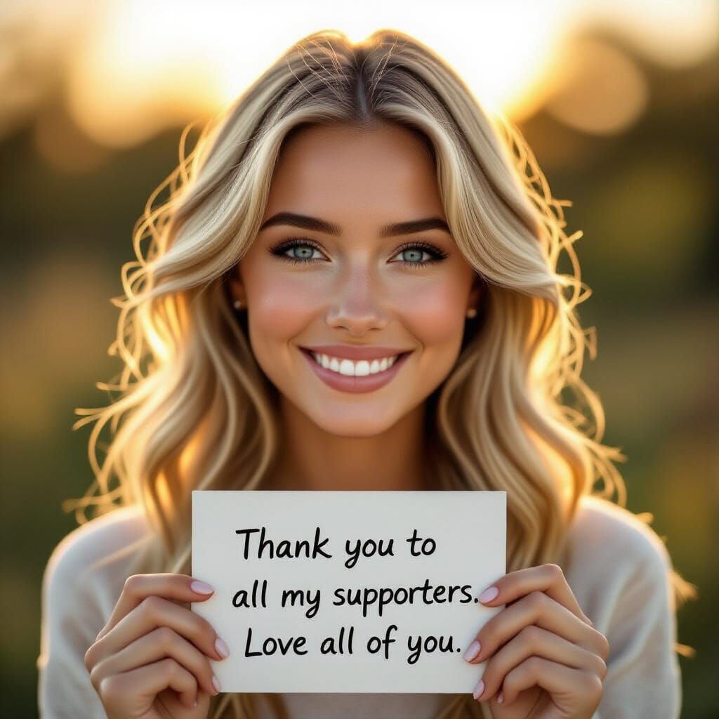 Grateful Woman with Blue Eyes and Blond Hair Expresses Thank...