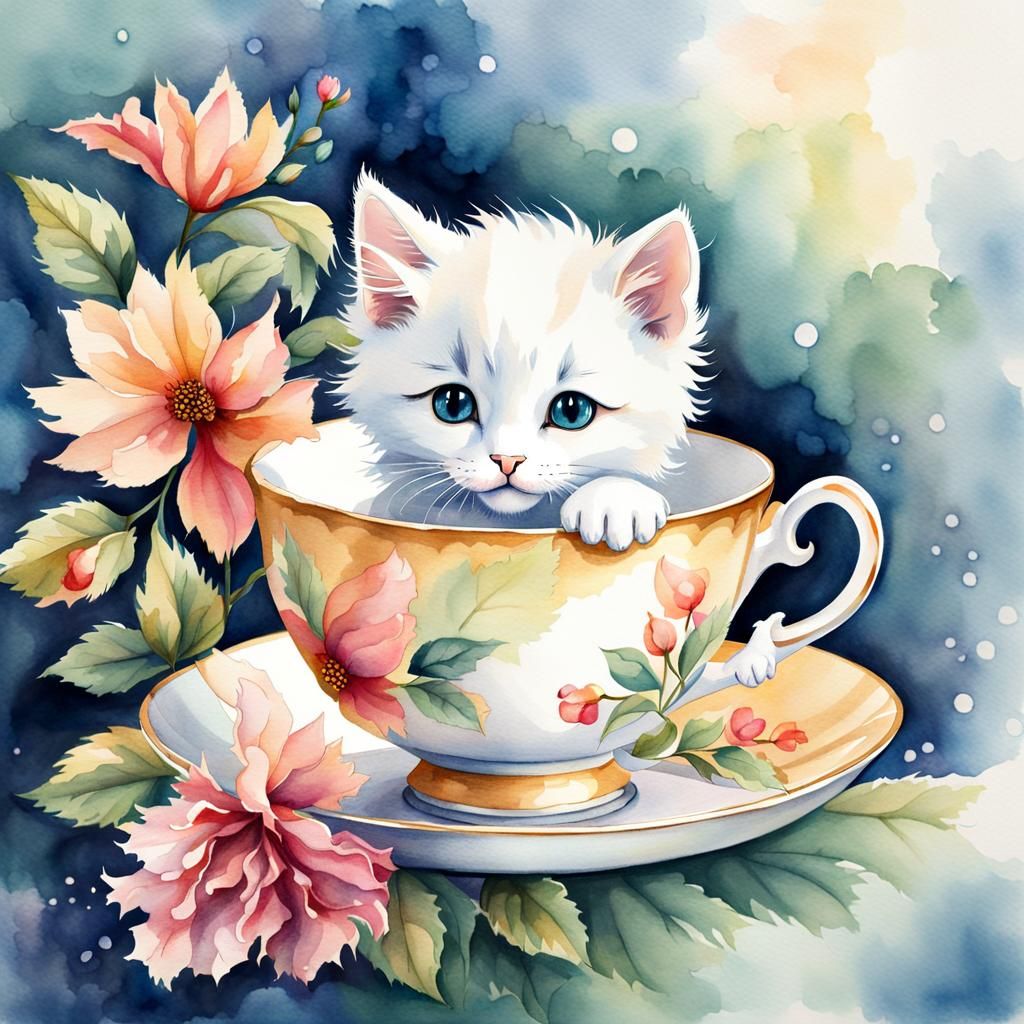 Adorable Kitten in Teacup: Watercolor Illustration