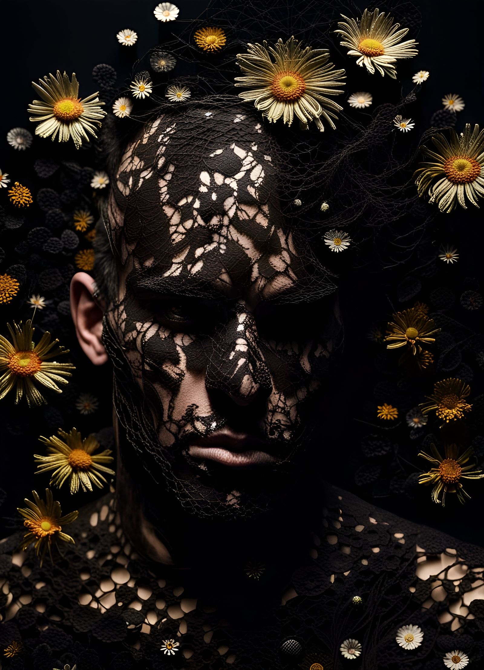 Embroidered Male Portrait with Wildflower Accents