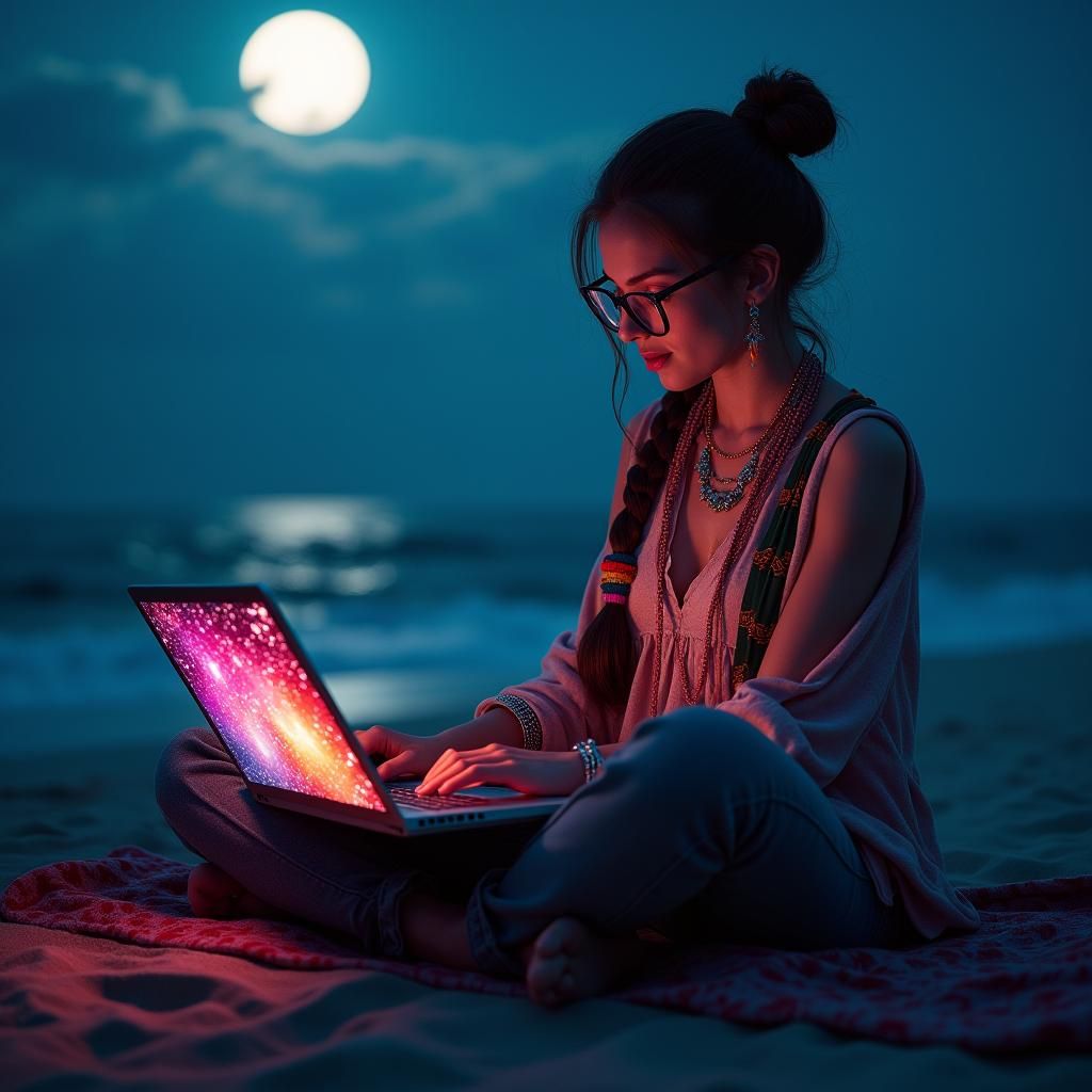 Moonlit Beach Laptop: Dreamlike Digital Art