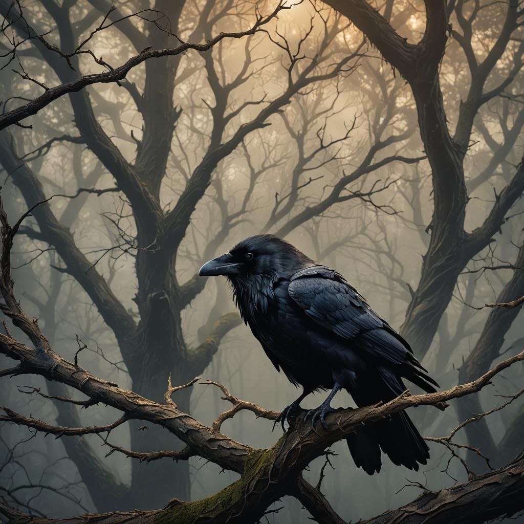 Angelic Raven in Dark Fantasy Forest Illustration
