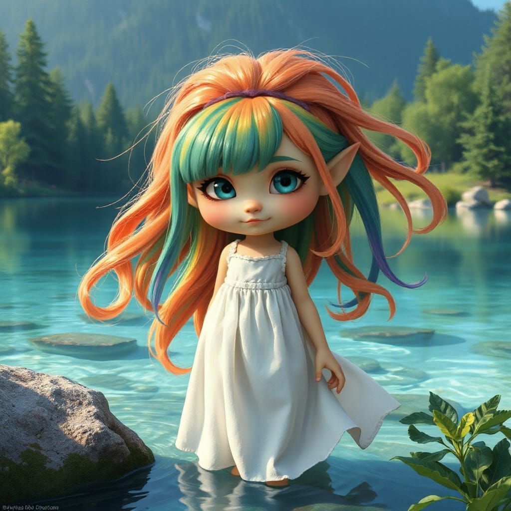 Rainbow-Haired Troll Girl in Lush Landscape