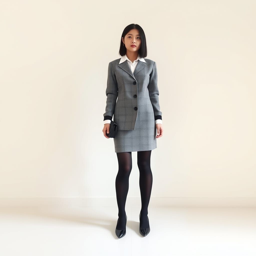 Confident Young Woman in Chic Gray and Black Dress