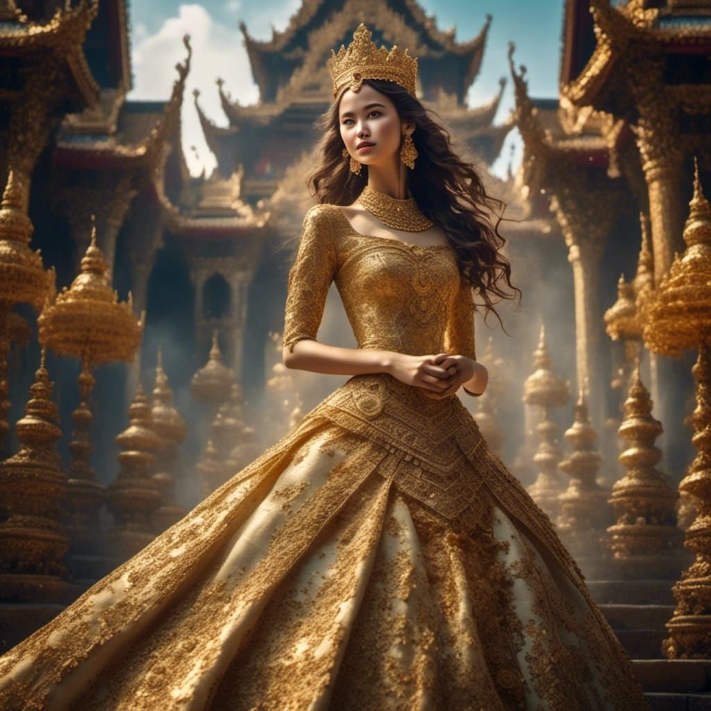 French Woman in Thai Dress with Golden Crown