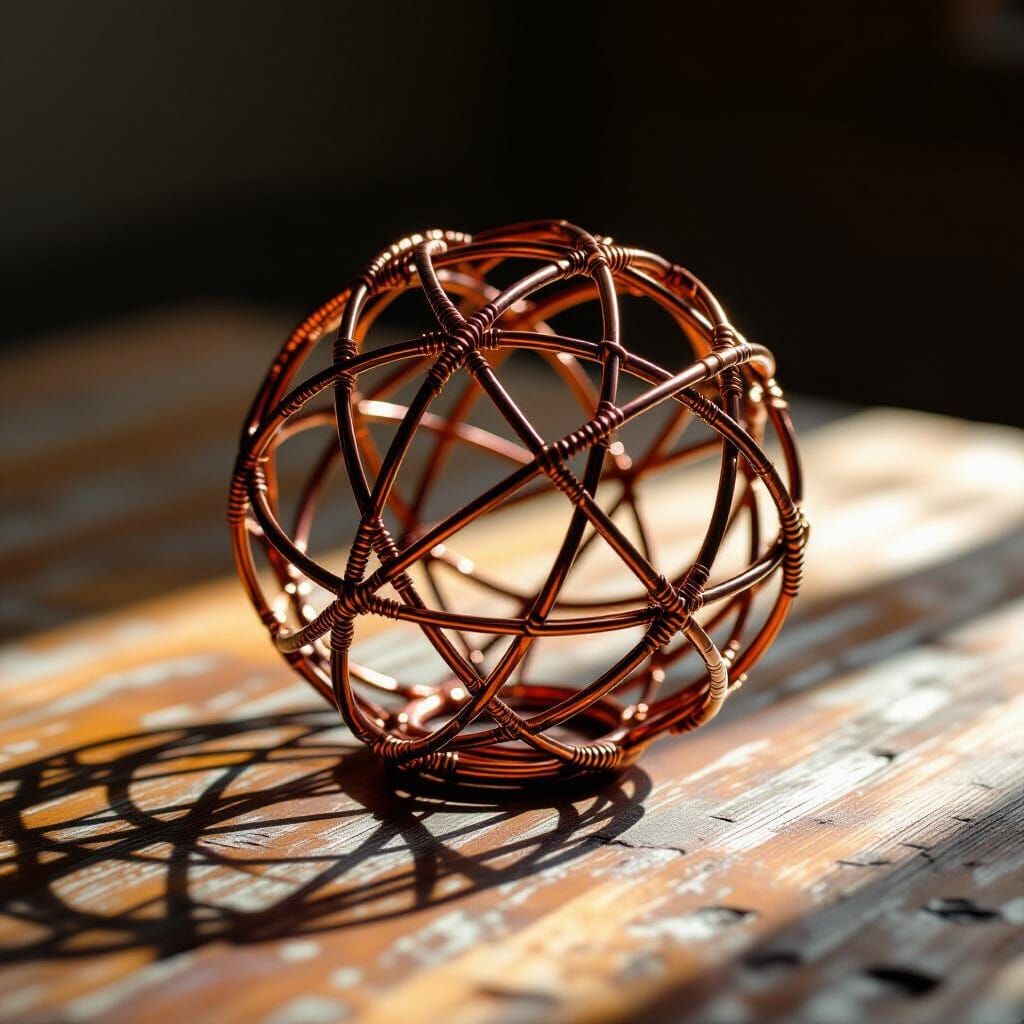 Wired Icosadodecahedron on Wood in Photorealistic Style