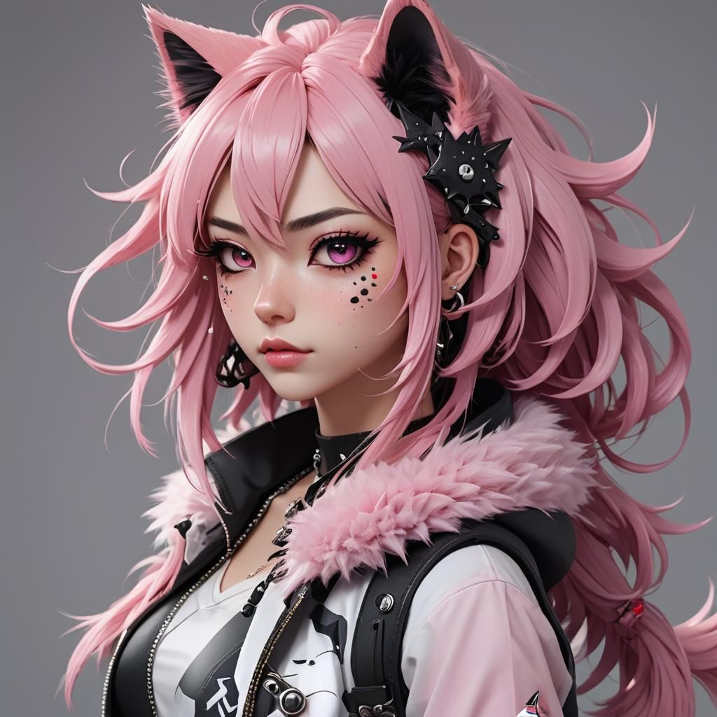 Anime Anthro Cat with Pink Hair in 3D Art