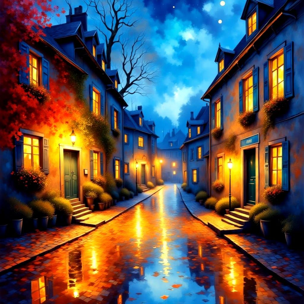 Vibrant Night Village Scene in Impasto Oil Painting Style
