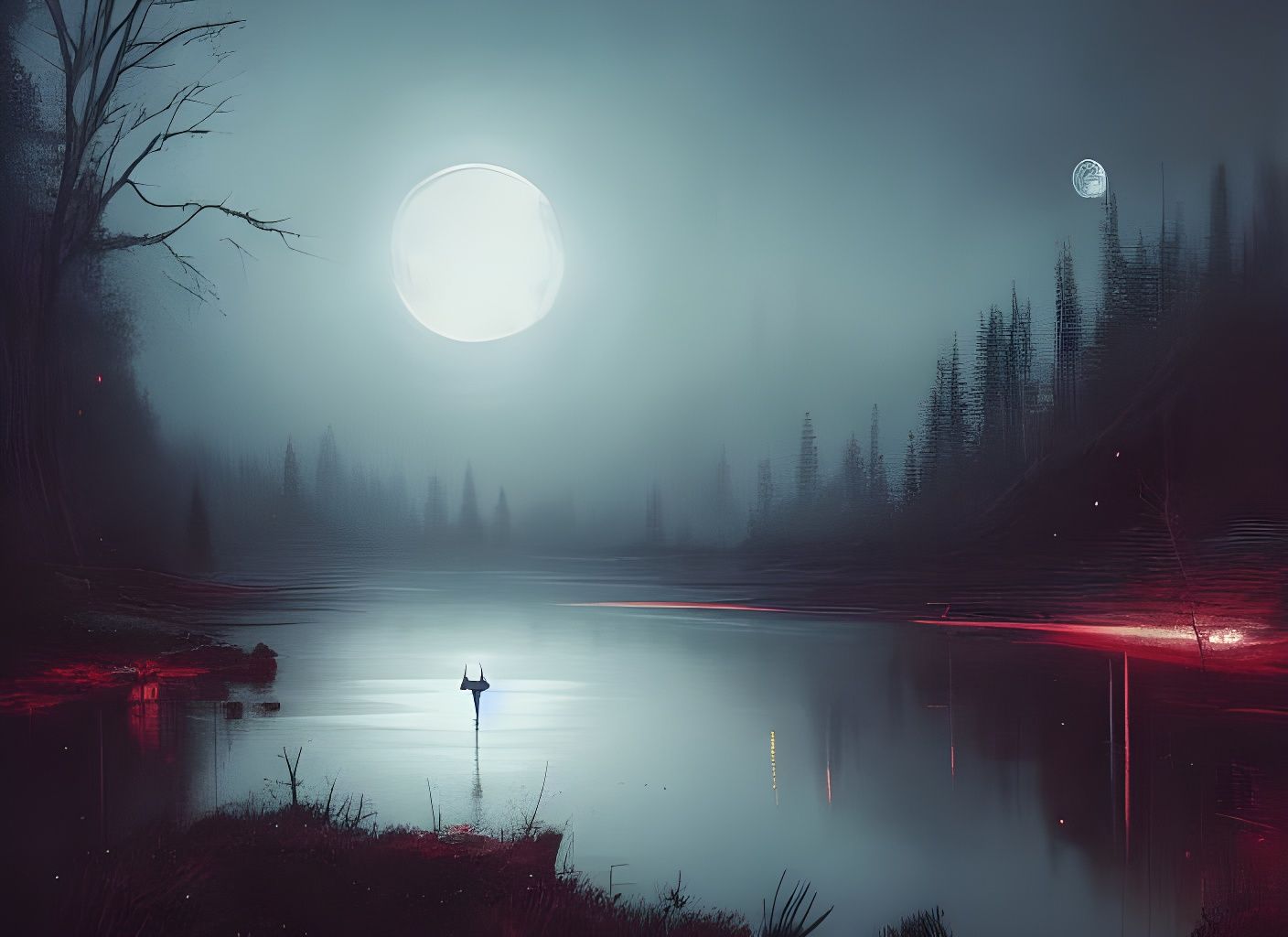 Moonlit River Landscape: Fantastical Matte Painting