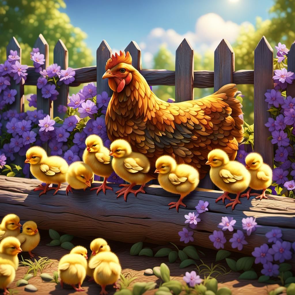 Hen, Chicks, and Puppy in Sunny Field