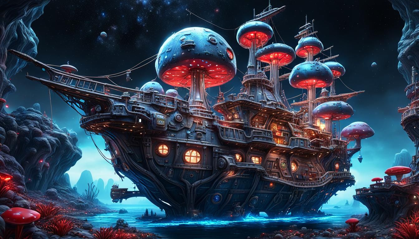 Space Colony Pirate Ship with Glass Mushrooms