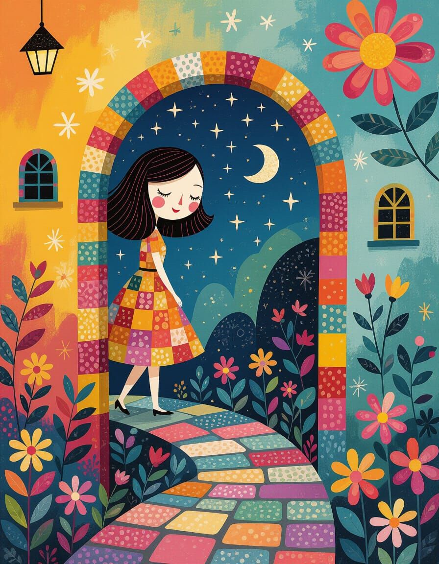 Whimsical Woman Exploring Abstract Colorful Nooks