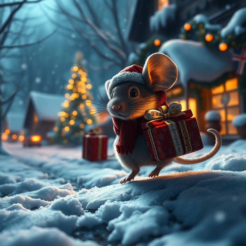 Whimsical Hyper-Realistic Christmas Mouse Delivers Gifts
