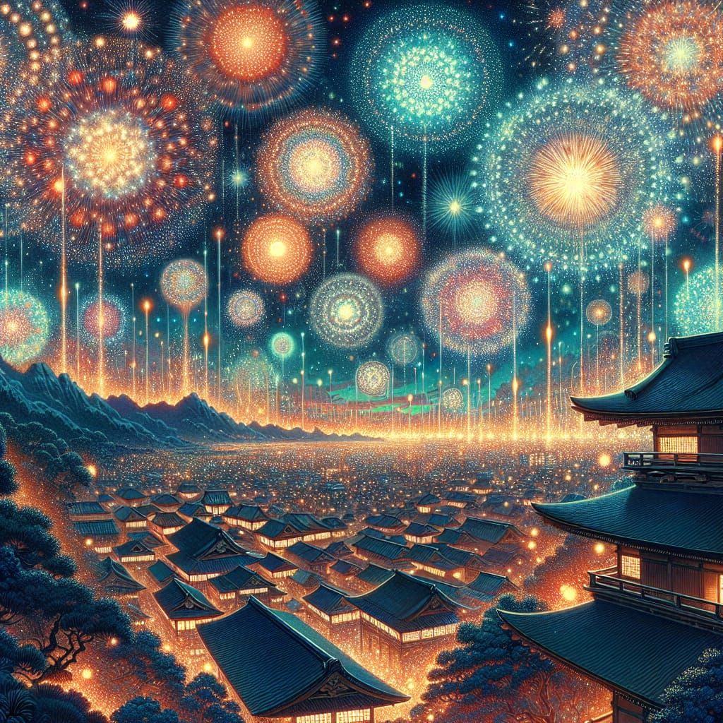 Vibrant Fireworks Dance Across Starlit Japanese Night Sky